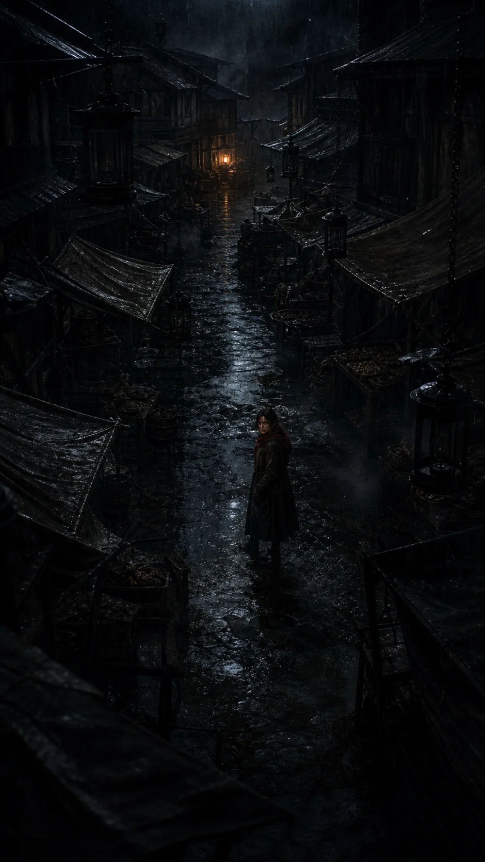 Concept artwork of a girl with a lantern in a rain-soaked, dark city street