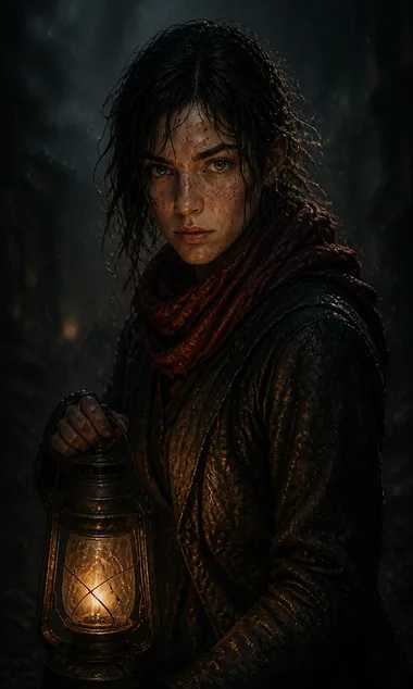 Concept portrait of Mira wearing a red scarf and holding a lantern